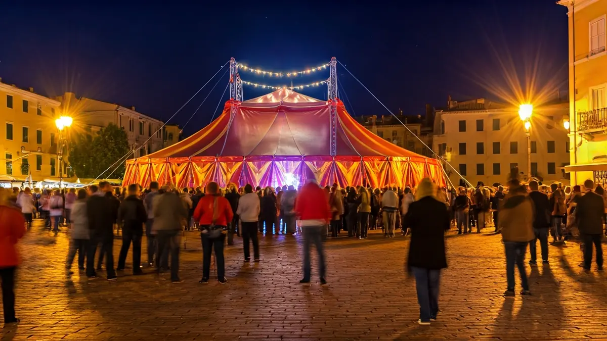 Image of a circus festival in a Mediterranean town square at dusk.