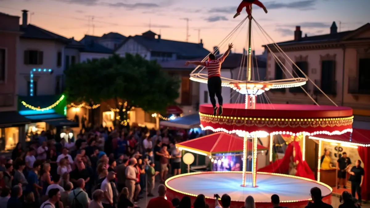 Imatge d'un espectacle de circ de carrer amb acròbates i públic, en un ambient festiu.