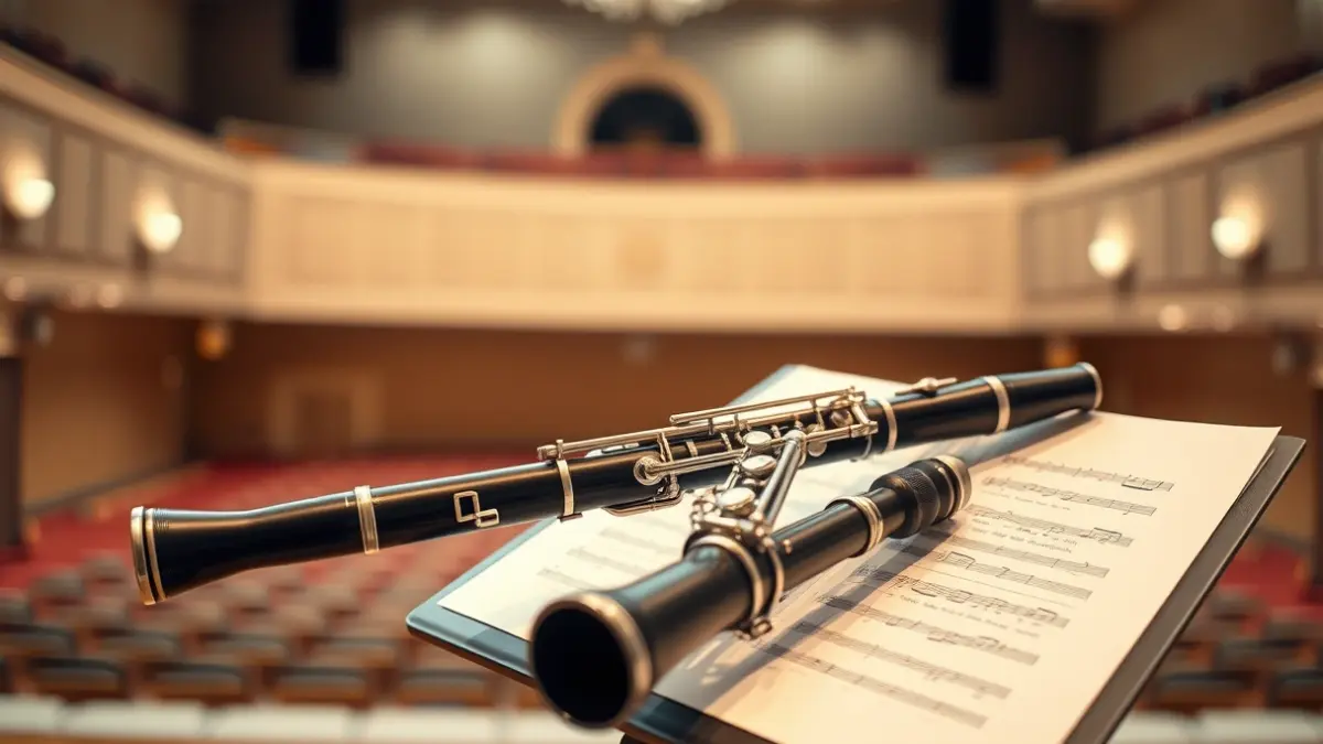 Generic image of a clarinet on a music stand with sheet music, with soft stage lighting.