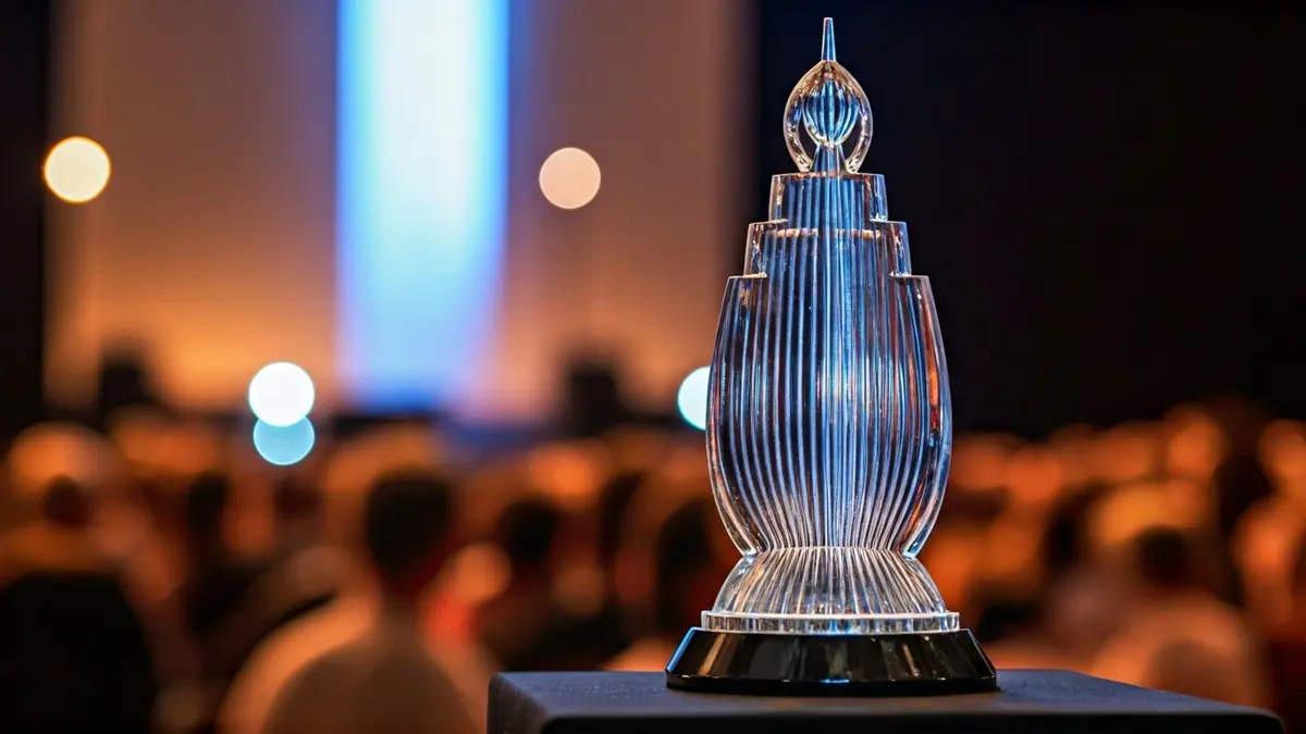 Imagen de un trofeo de premio, con luces del escenario reflejadas.