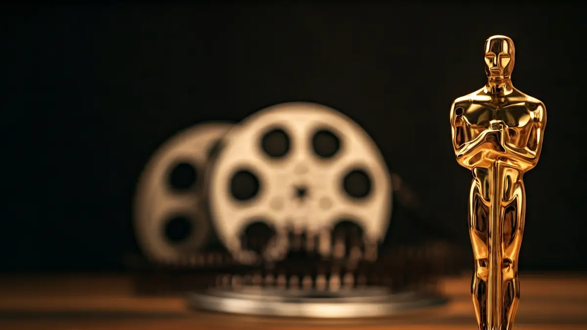 Generic image of a film award, with a golden statuette and a blurred film reel in the background.
