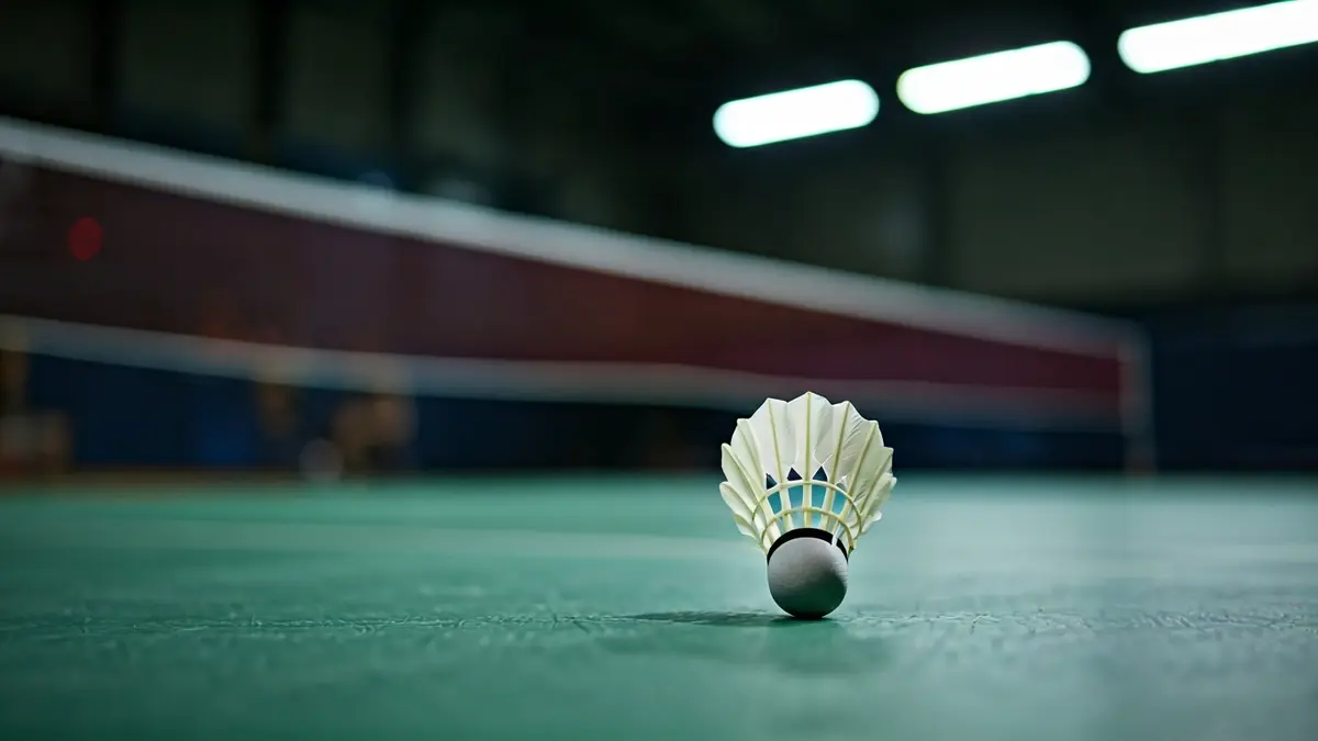 Generic image of a badminton shuttlecock on a court, with a blurred racket in the background.