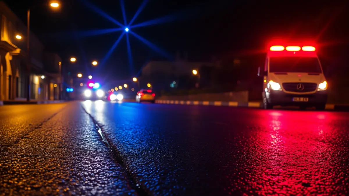 Imatge genèrica de llums d'emergència reflectint-se en l'asfalt mullat de nit.