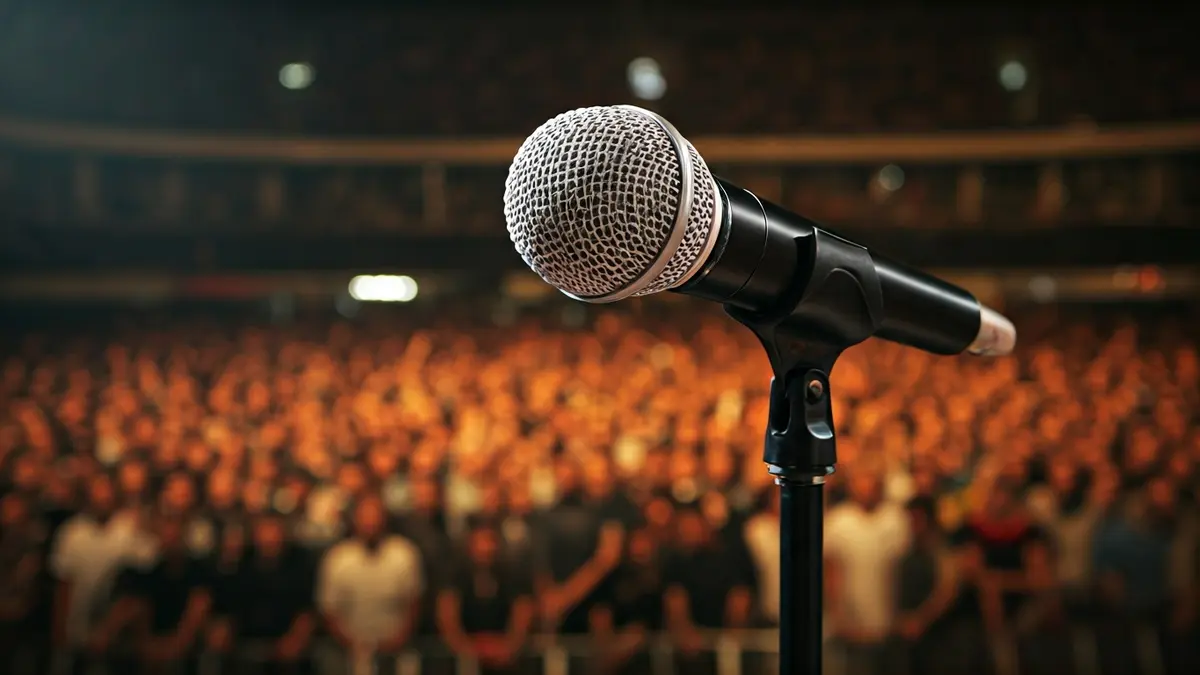 Imagen genérica de un micrófono en un escenario con un público difuminado al fondo.