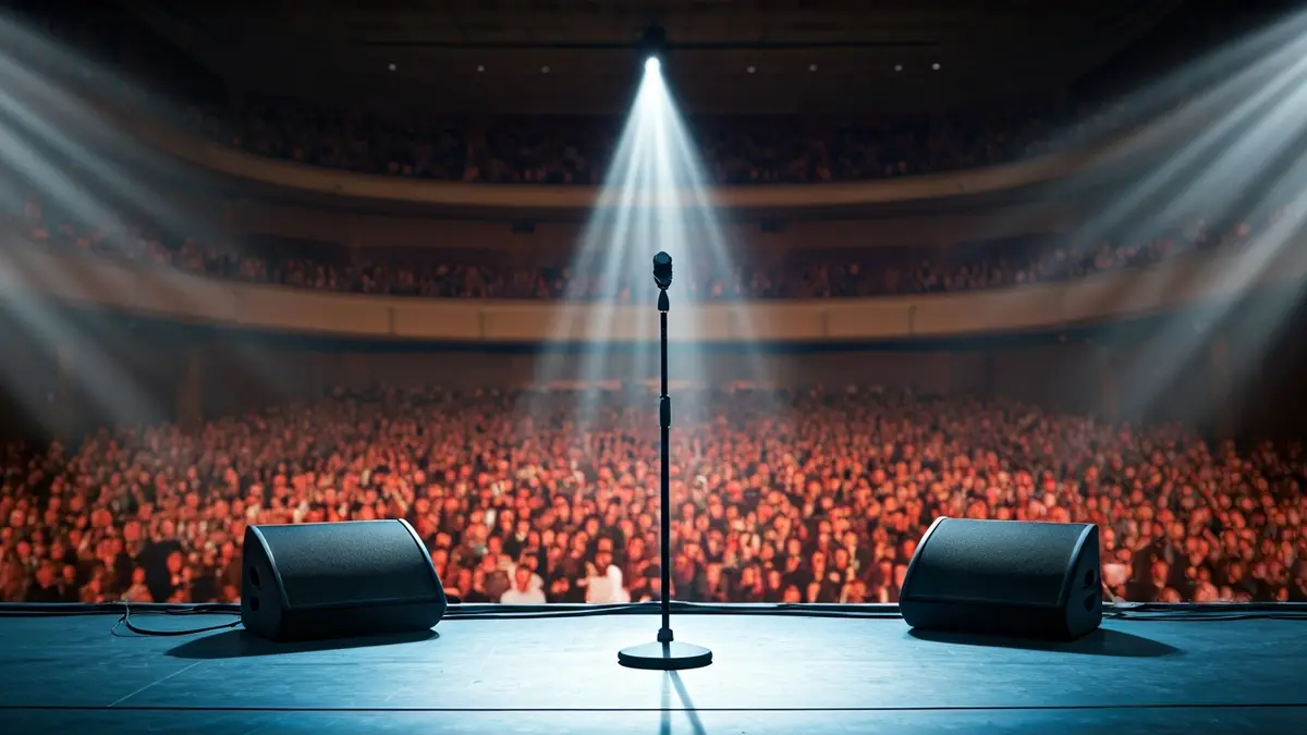 Generic image of a concert stage with dynamic lighting and an empty microphone stand.
