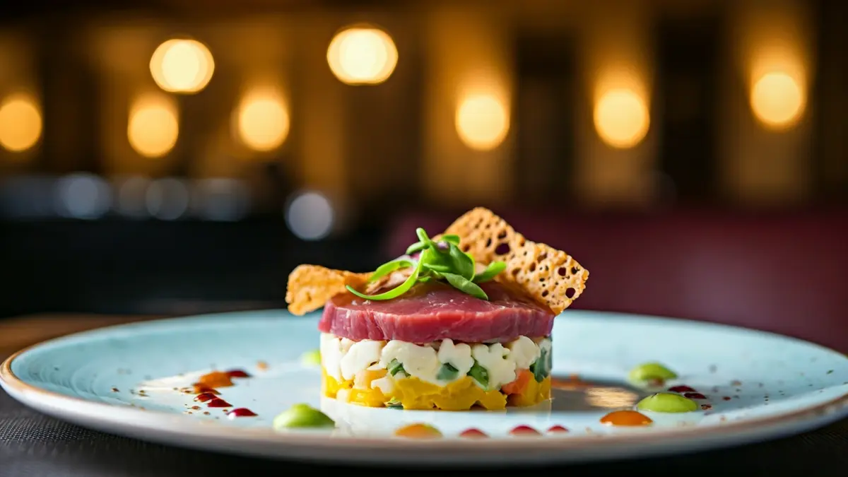 Imagen genérica de un plato gourmet con presentación artística en un entorno cultural.