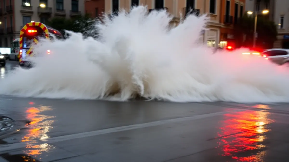 Imatge d'una gran massa d'aigua dirigint-se cap a unes instal·lacions ferroviàries durant una DANA.
