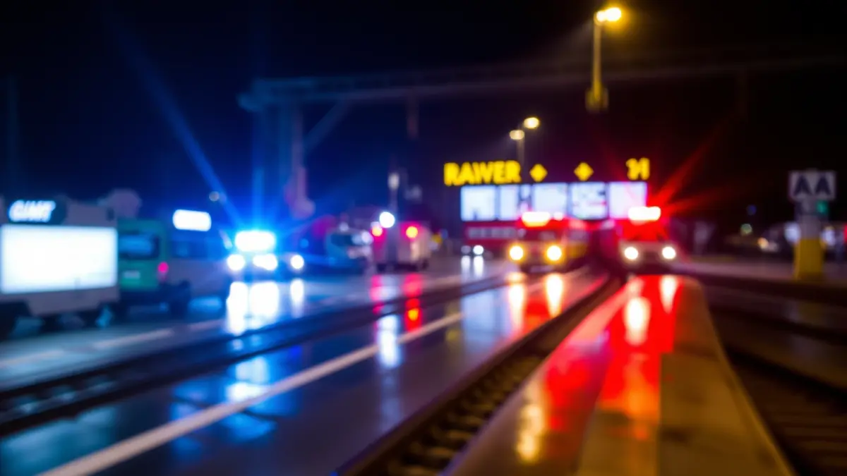 Imatge d'un centre de comandament ferroviari de nit amb llums d'emergència, reflectint una situació crítica.