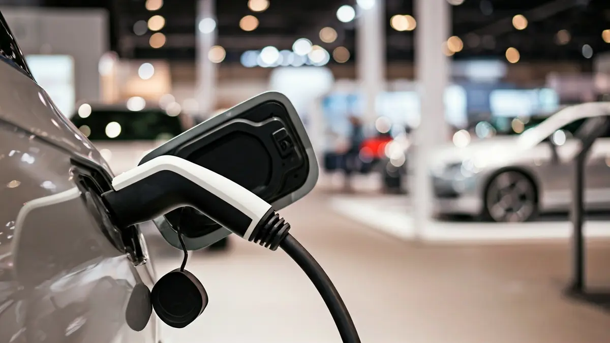 Generic image of an electric vehicle charging point, with a blurred background of a car fair.