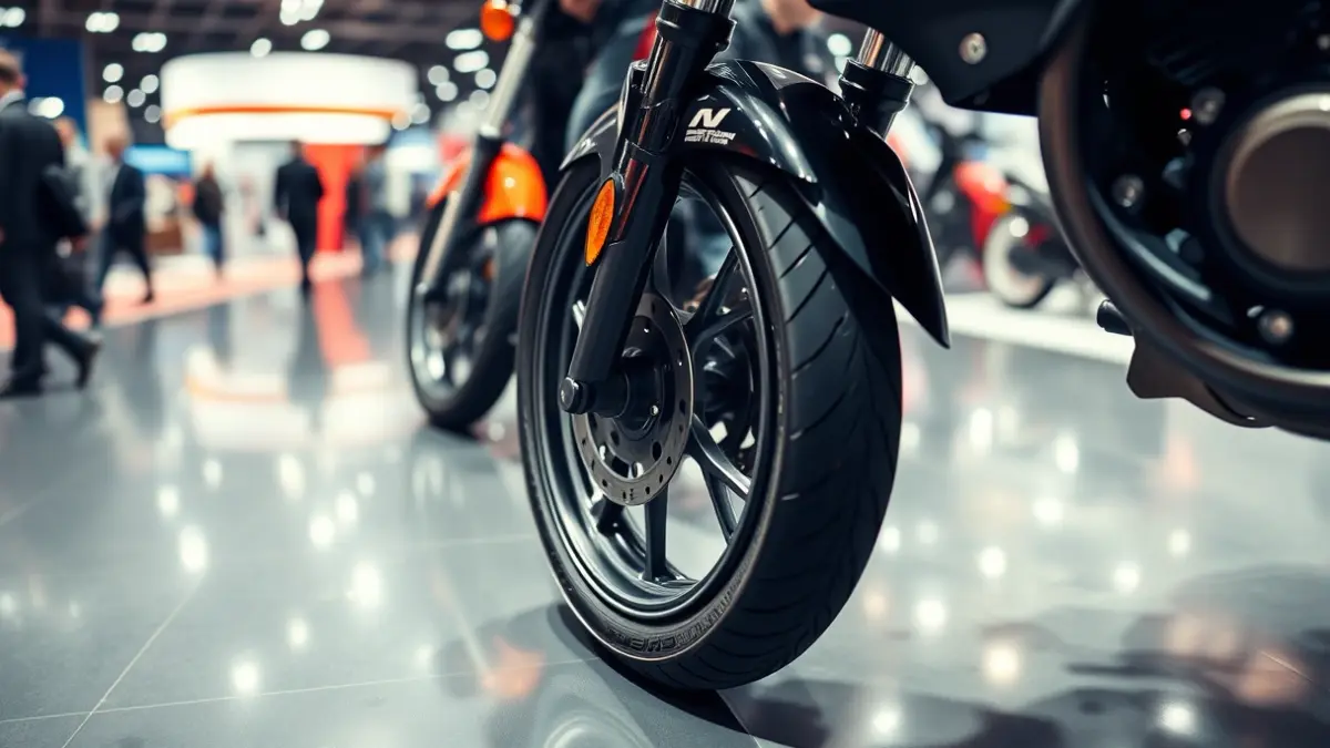 Generic image of car and motorcycle wheels at a trade fair, with a blurred background of activity.