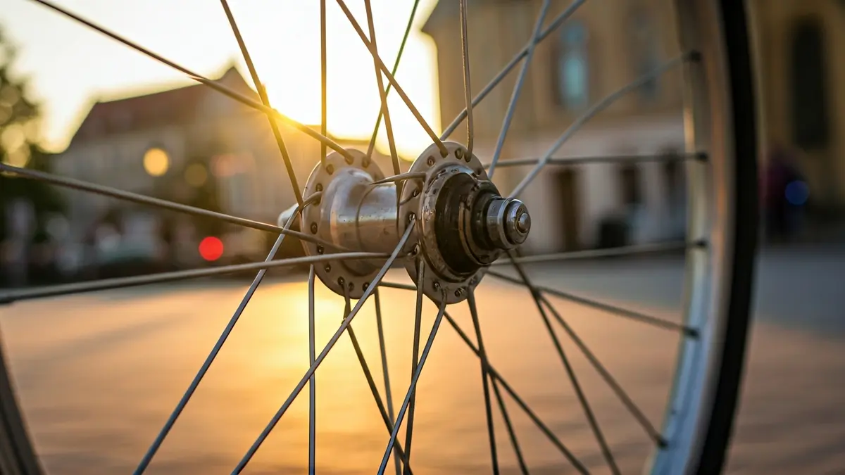 Imatge genèrica d'una roda de bicicleta amb un fons urbà desenfocat.