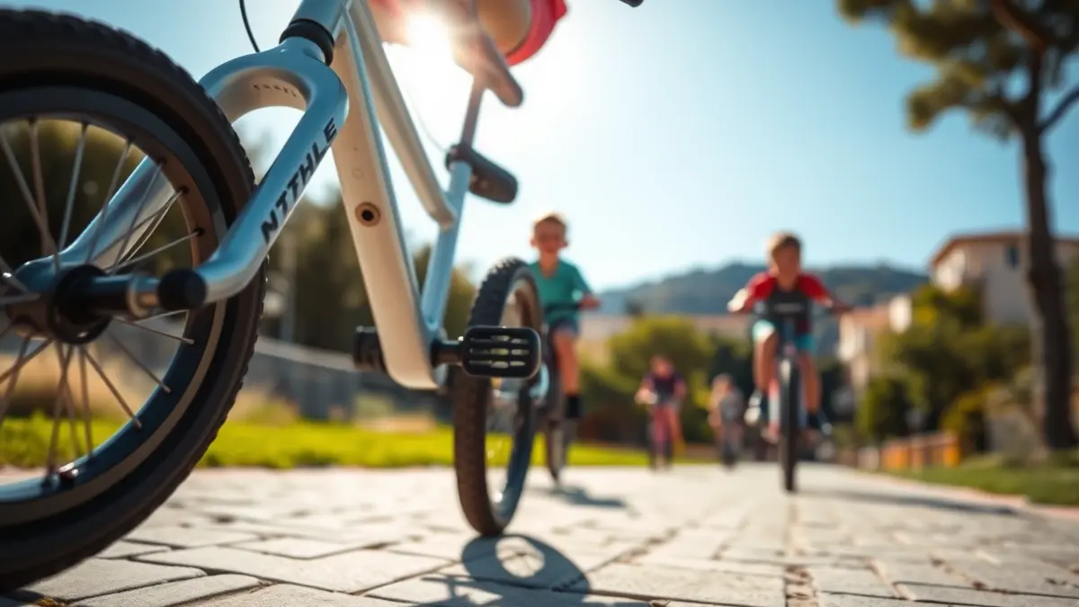 Generic image of a child's bicycle wheel on a track, with blurred young cyclists in the background.