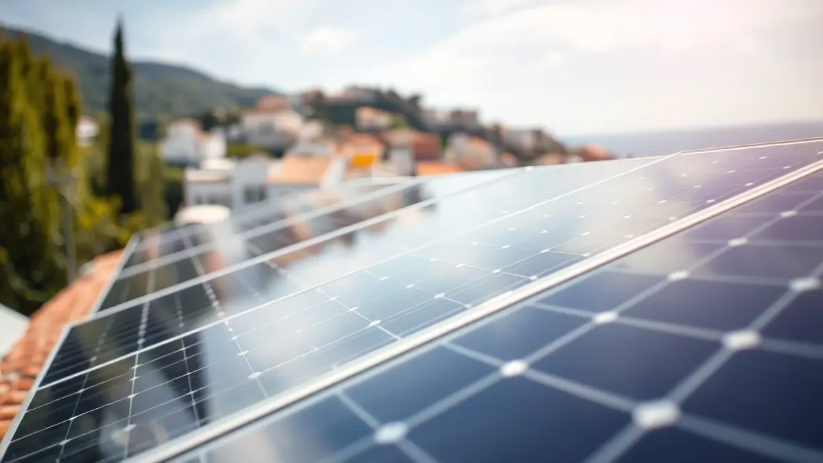 Generic image of solar panels on a rooftop, with a Mediterranean town in the background.