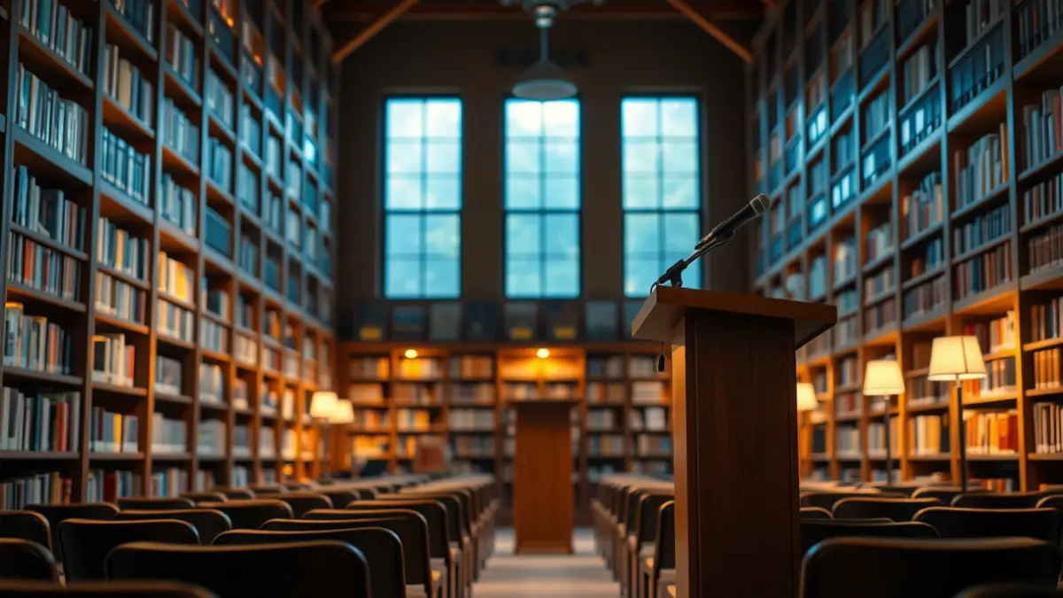 Generic image of a library interior with wooden bookshelves and a cozy reading atmosphere.
