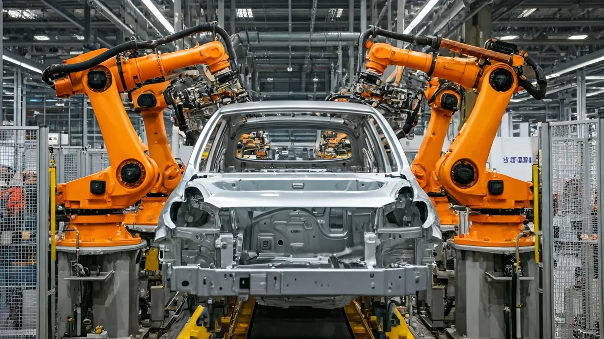 Image of a vehicle assembly line in a factory.