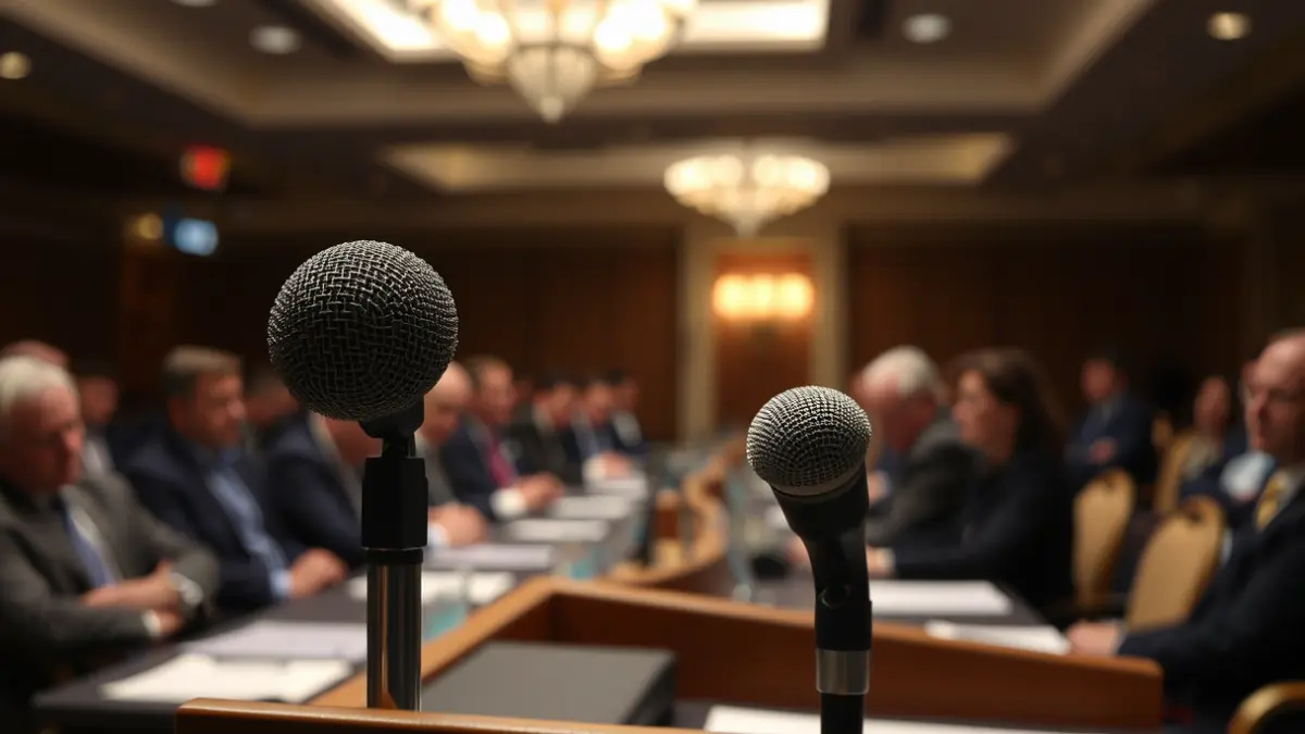Generic image of a microphone on a podium, representing a negotiation meeting.