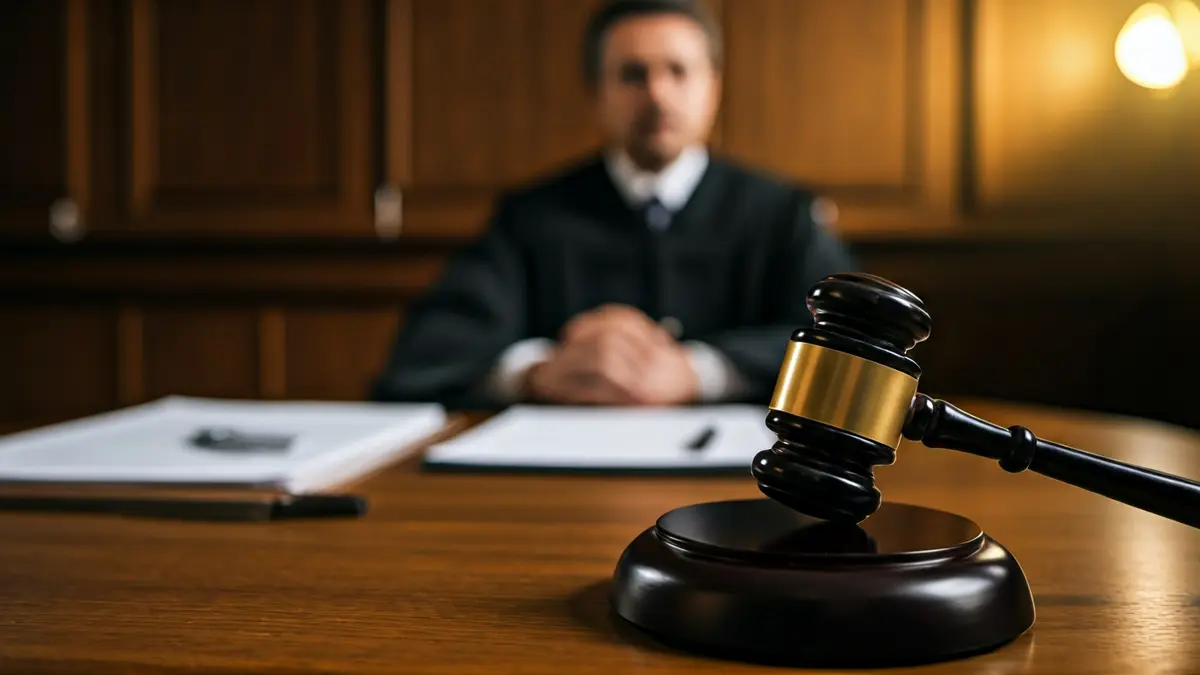 Imatge genèrica d'un martell de jutge sobre una taula de fusta en un tribunal.