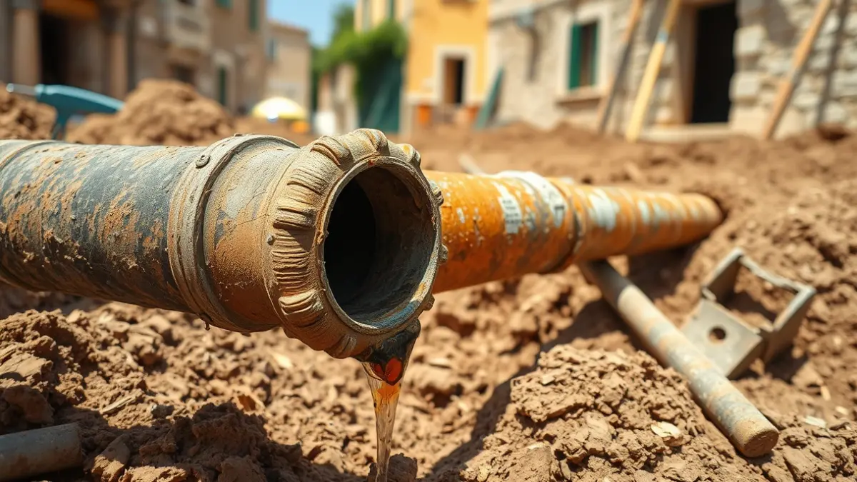 Image of an old, corroded water pipe with leaks, surrounded by excavated earth from construction work.