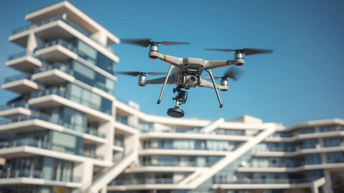 Image of a specialized cleaning drone operating near a modern building with large glass surfaces.