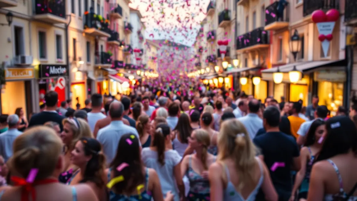 Generic image of a carnival festival with people dancing and confetti in the air.