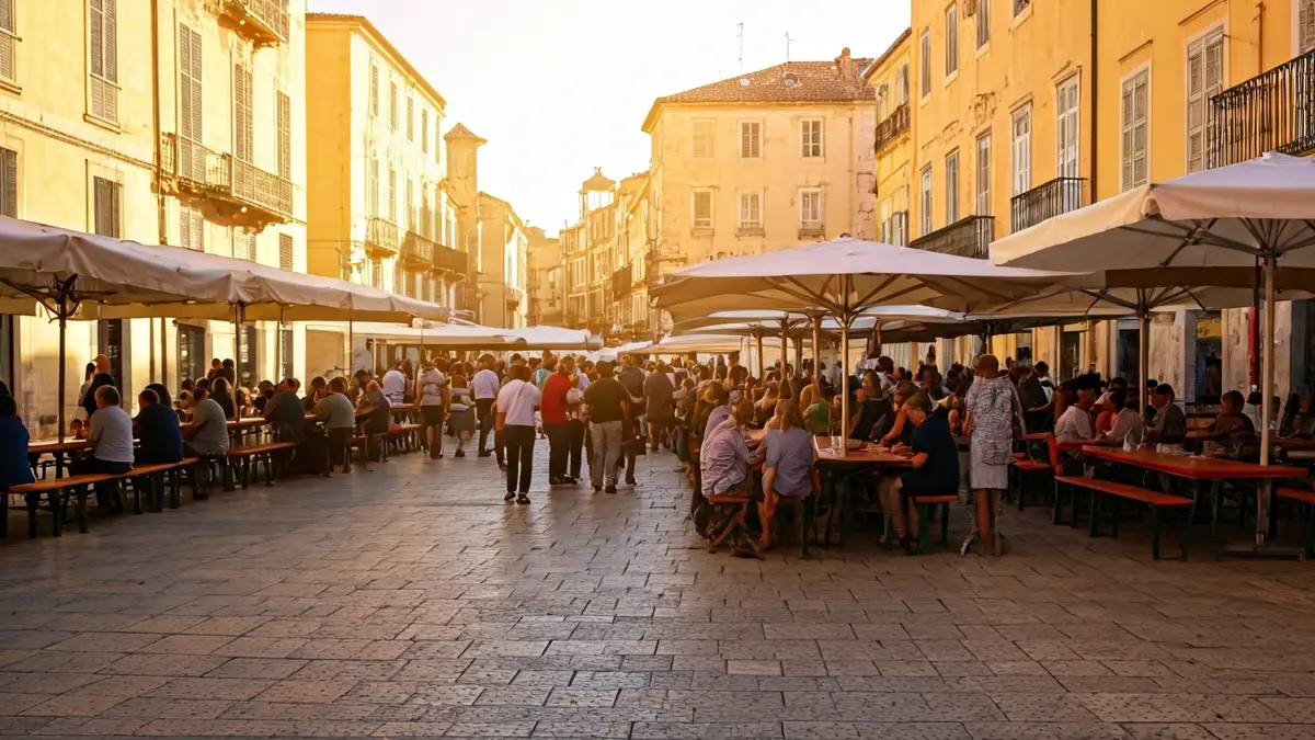 Imagen de un mercado lleno de gente en un día soleado, con un ambiente festivo y solidario.