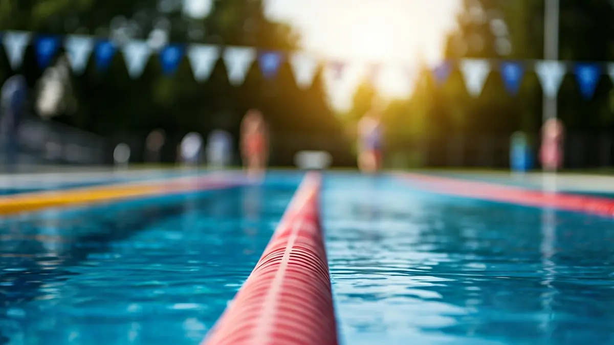 Imatge genèrica d'una corda de carril de natació i una pista de córrer borrosa, simbolitzant l'aquatló.