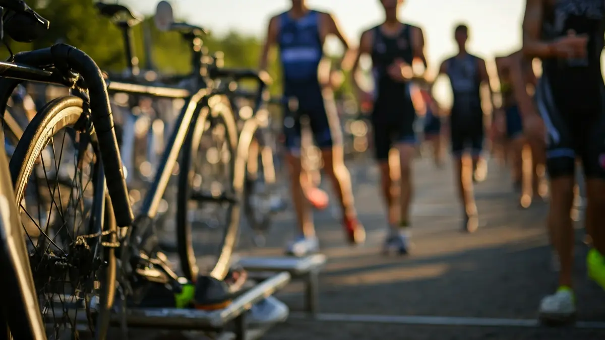 Imatge genèrica d'una zona de transició de triatló amb bicicletes i equipament esportiu.