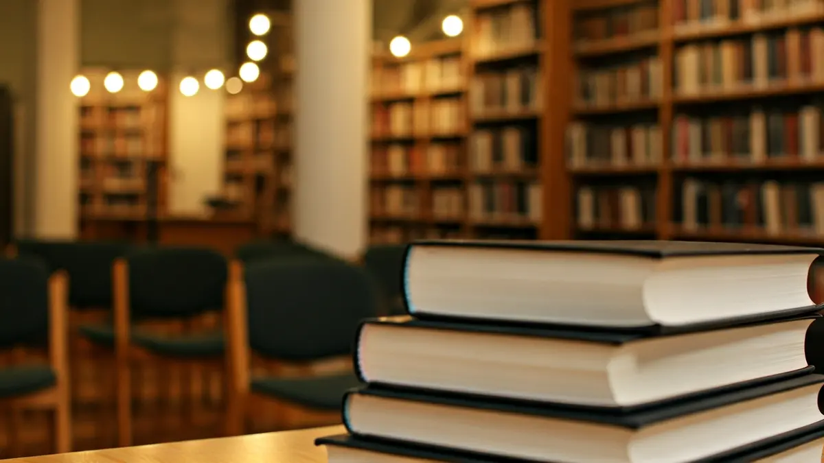 Imagen genérica de una sala de presentación de libros con estanterías y un atril.