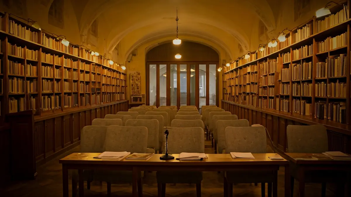 Generic image of a conference room or library with a microphone and empty chairs.