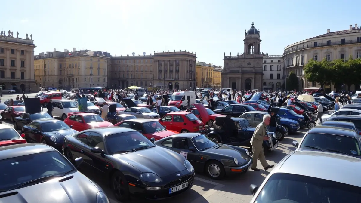 Imatge d'una fira del motor a l'aire lliure en un centre urbà mediterrani, amb vehicles exposats i gent passejant.