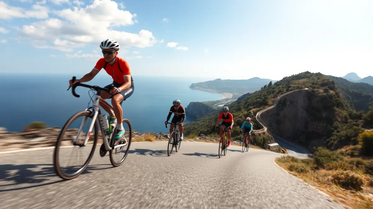 Imatge d'un grup de ciclistes en una carretera de muntanya amb vistes a la costa valenciana.