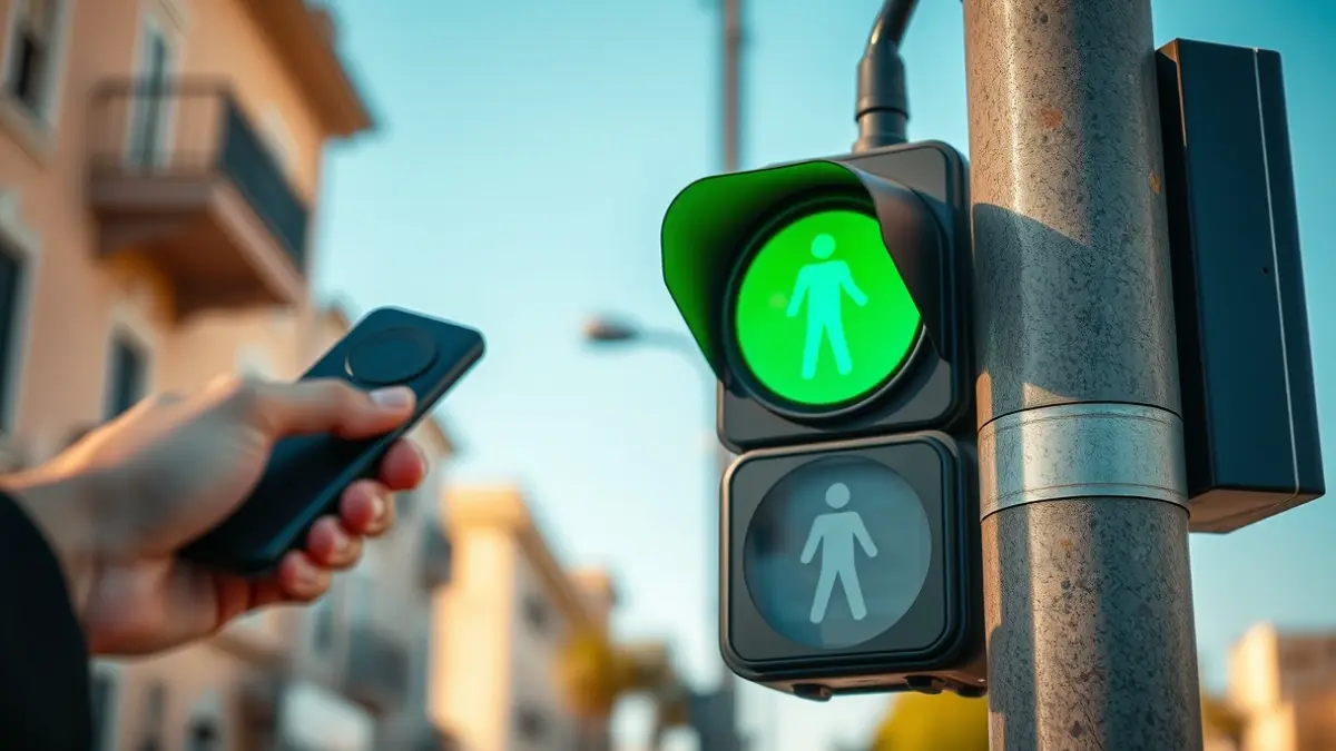 Generic image of a green pedestrian traffic light with a remote control, symbolizing accessibility.