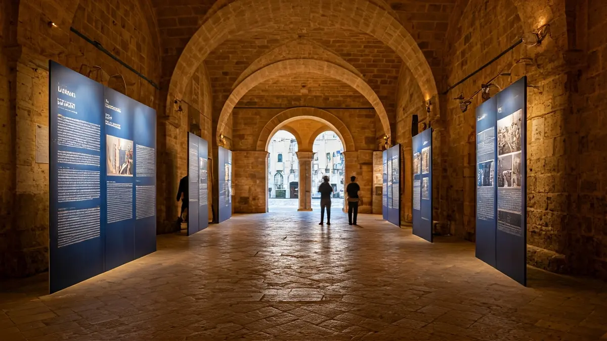 Imatge d'una sala d'exposicions amb panells informatius i arcs, amb persones observant les mostres.
