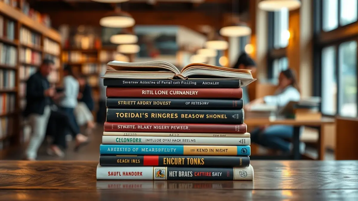 Generic image of a stack of books on a wooden table, with people reading in the background.