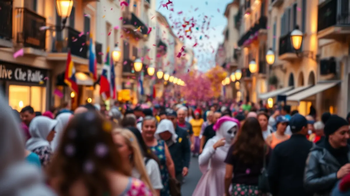 Imagen genérica de un festival de carnaval con confeti y luces de calle.