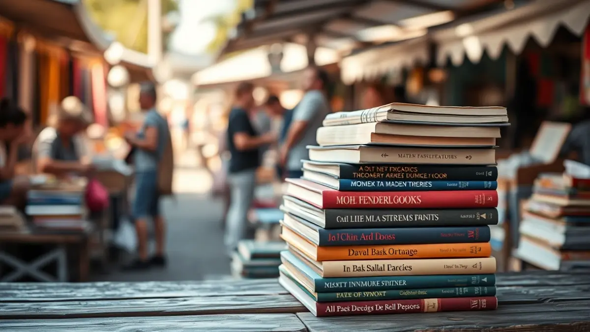 Imagen genérica de una pila de libros usados en una feria al aire libre.