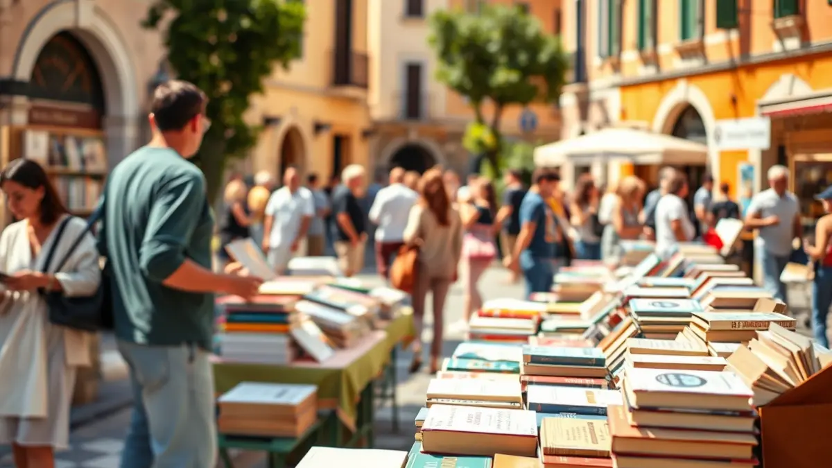 Generic image of a used book fair in a Mediterranean square, with stalls full of books and people browsing them.