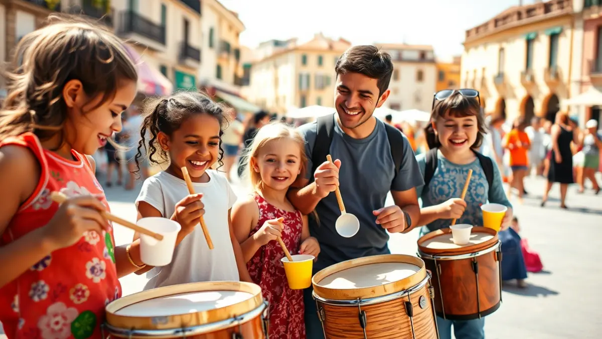 Imatge d'un grup de persones tocant percussió amb objectes quotidians en una plaça pública, amb un ambient festiu.