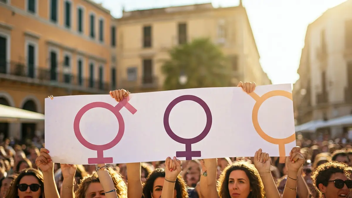 Imagen genérica de manos alzando un símbolo de igualdad en una plaza.