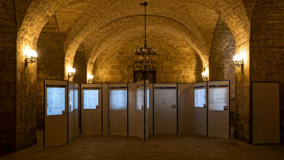 Imatge de la Sala dels Arcs de l'Ajuntament de Gandia amb panells d'exposició.