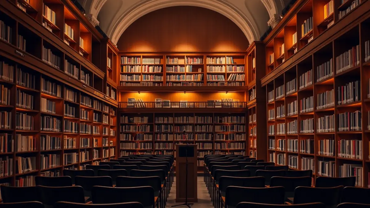 Imatge genèrica d'un interior de teatre o sala de concerts amb un micròfon en un faristol buit, il·luminació càlida i seients buits.