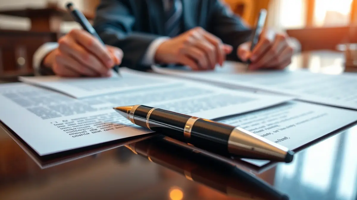 Generic image of official documents and a pen on a desk, with blurred hands signing.