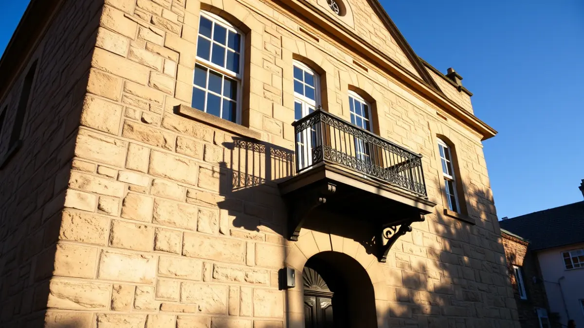 Façana d'un ajuntament amb balcó i baranes de ferro, amb la llum del sol de la vesprada.