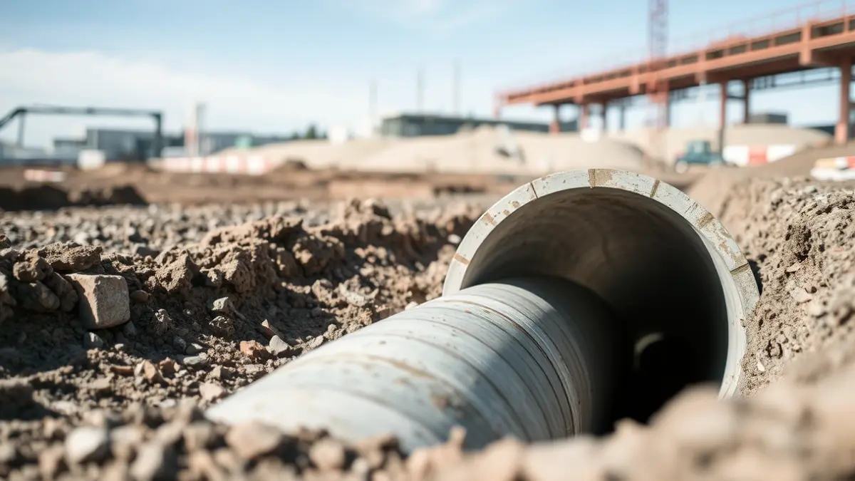 Imatge d'un col·lector d'aigües pluvials de gran diàmetre instal·lat en una zona industrial.