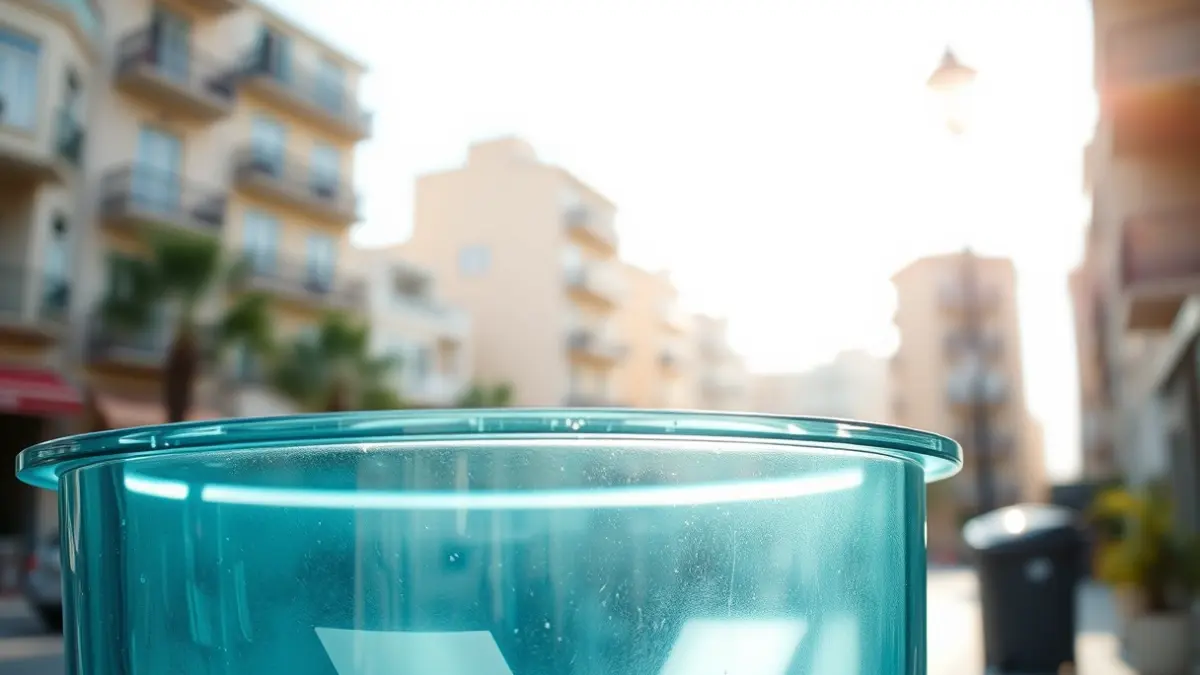 Imatge genèrica d'un contenidor de reciclatge de vidre en un entorn urbà mediterrani.