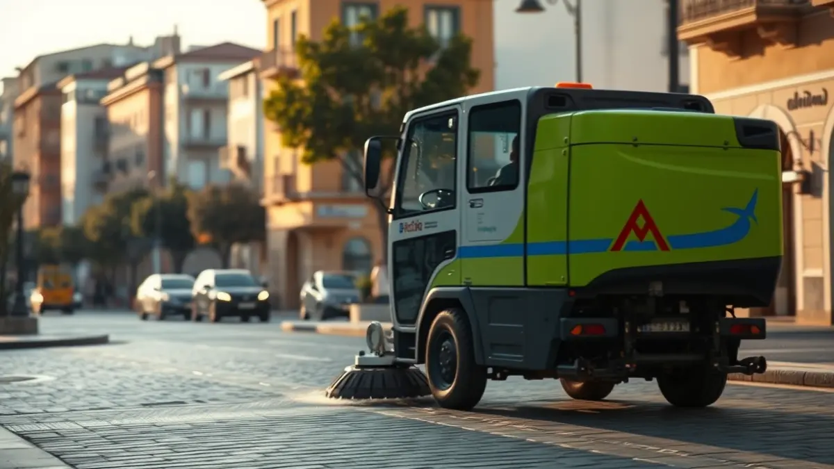 Imatge genèrica d'un vehicle de neteja viària en una ciutat mediterrània.