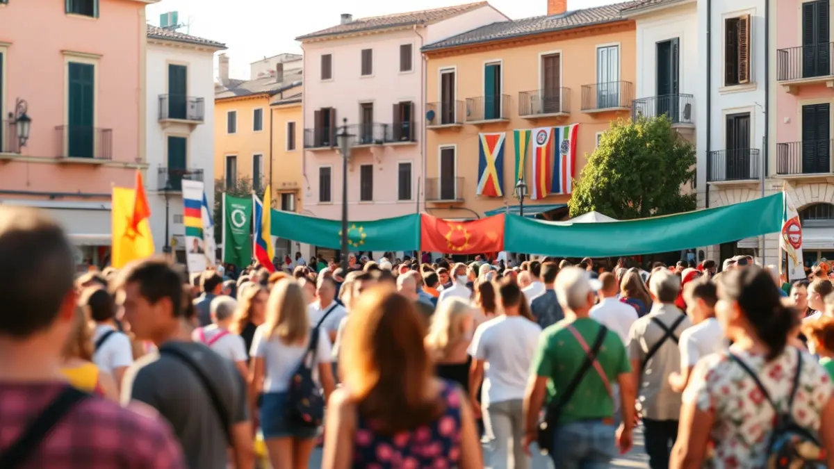 Imatge d'un acte institucional en una plaça, amb una pancarta i persones reunides.