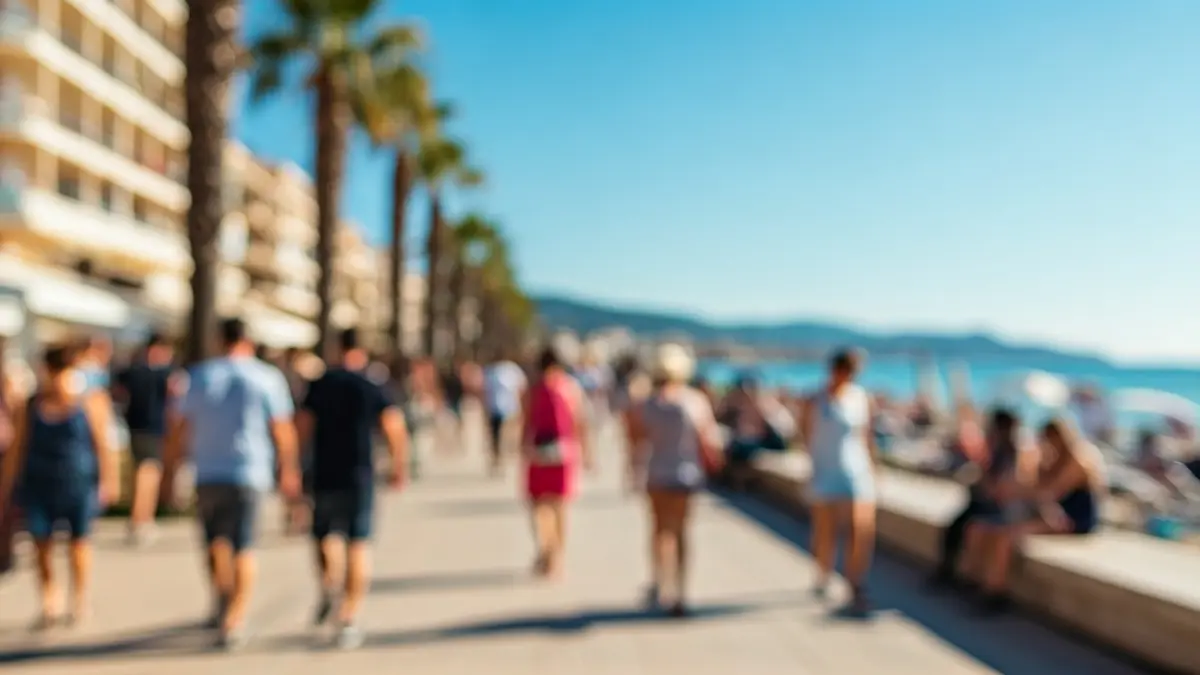 Generic image of a Mediterranean coastal city with people strolling on a sunny day.