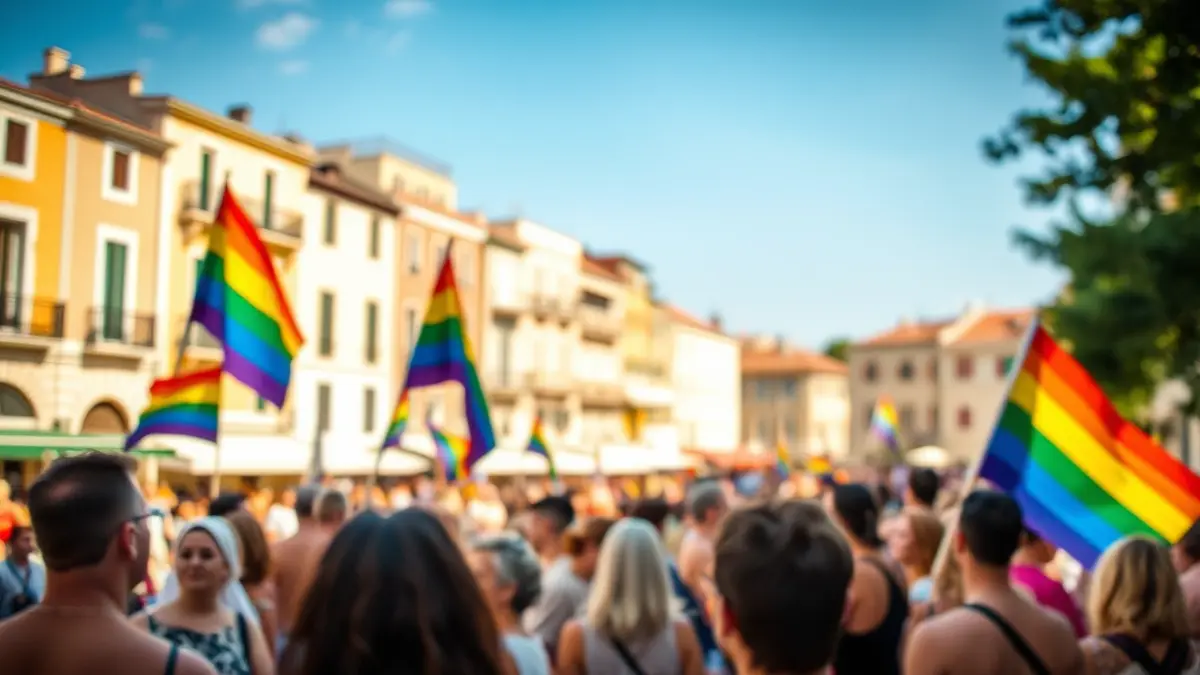 Generic image of an LGTBIQ+ visibility gathering in a Mediterranean square.