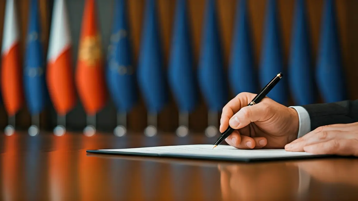 Generic image of hands signing a document, with blurred European Union flags in the background.
